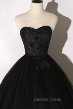 Black Tulle Lace Long Prom Dress, Black Scoop Neckline Prom Dresses
