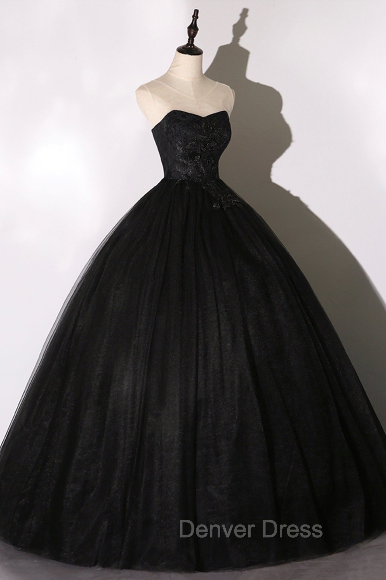 Black Tulle Lace Long Prom Dress, Black Scoop Neckline Prom Dresses