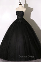 Black Tulle Lace Long Prom Dress, Black Scoop Neckline Prom Dresses