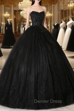 Black Tulle Lace Long Prom Dress, Black Scoop Neckline Prom Dresses