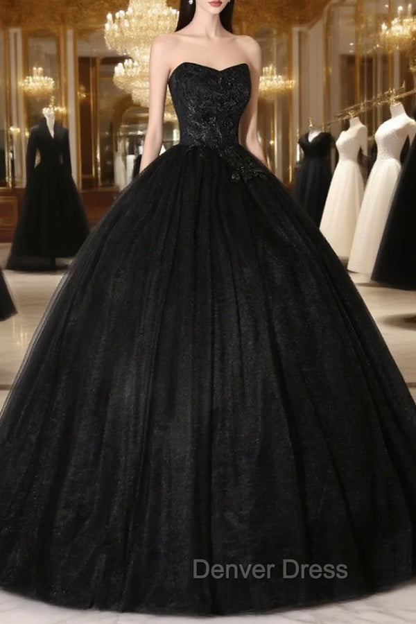 Black Tulle Lace Long Prom Dress, Black Scoop Neckline Prom Dresses