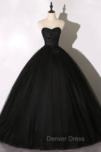 Black Tulle Lace Long Prom Dress, Black Scoop Neckline Prom Dresses