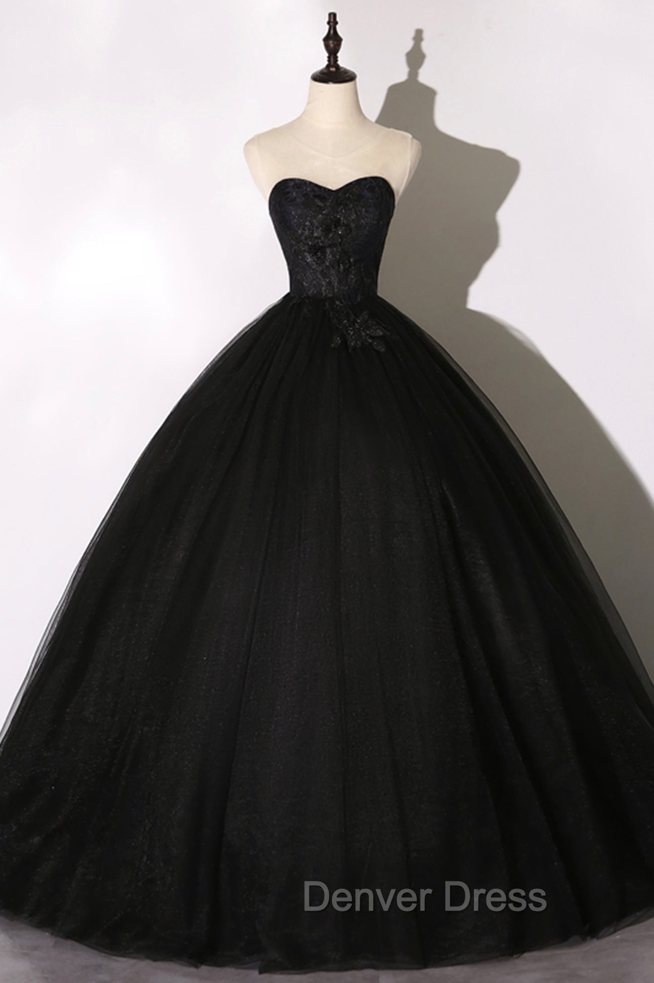 Black Tulle Lace Long Prom Dress, Black Scoop Neckline Prom Dresses