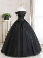 Black Tulle Lace Long Prom Dresses, Black Tulle Lace Evening Dresses