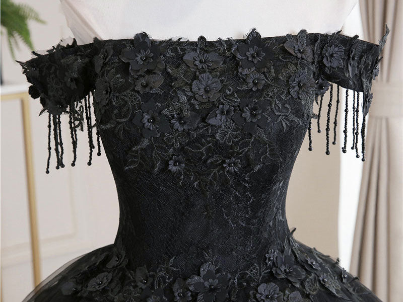 Black Tulle Lace Long Prom Dresses, Black Tulle Lace Evening Dresses