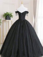 Black Tulle Lace Long Prom Dresses, Black Tulle Lace Evening Dresses