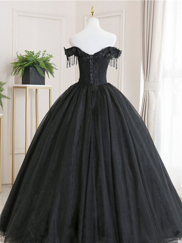 Black Tulle Lace Long Prom Dresses, Black Tulle Lace Evening Dresses