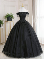 Black Tulle Lace Long Prom Dresses, Black Tulle Lace Evening Dresses