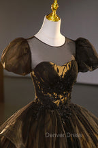 Black Tulle Lace Long Prom Dress, Black Short Sleeve Prom Dresses