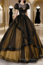 Black Tulle Lace Long Prom Dress, Black Short Sleeve Prom Dresses