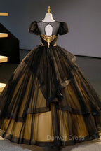 Black Tulle Lace Long Prom Dress, Black Short Sleeve Prom Dresses