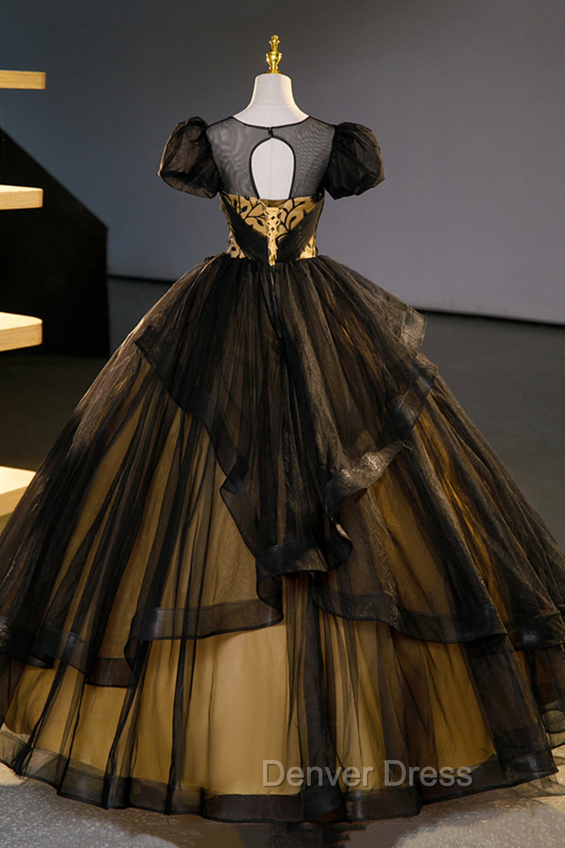 Black Tulle Lace Long Prom Dress, Black Short Sleeve Prom Dresses