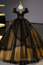 Black Tulle Lace Long Prom Dress, Black Short Sleeve Prom Dresses