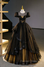 Black Tulle Lace Long Prom Dress, Black Short Sleeve Prom Dresses