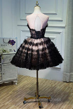 Black Tulle Lace Short Prom Dresses, A-Line Black Homecoming Dresses