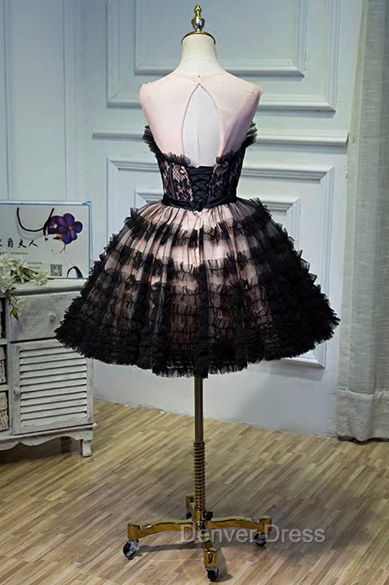 Black Tulle Lace Short Prom Dresses, A-Line Black Homecoming Dresses