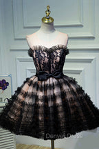 Black Tulle Lace Short Prom Dresses, A-Line Black Homecoming Dresses
