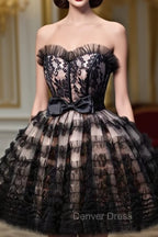 Black Tulle Lace Short Prom Dresses, A-Line Black Homecoming Dresses