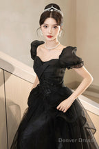 Black Tulle Lace Short Sleeve Floor Length Prom Dress, Black A-Line Evening Party Dress