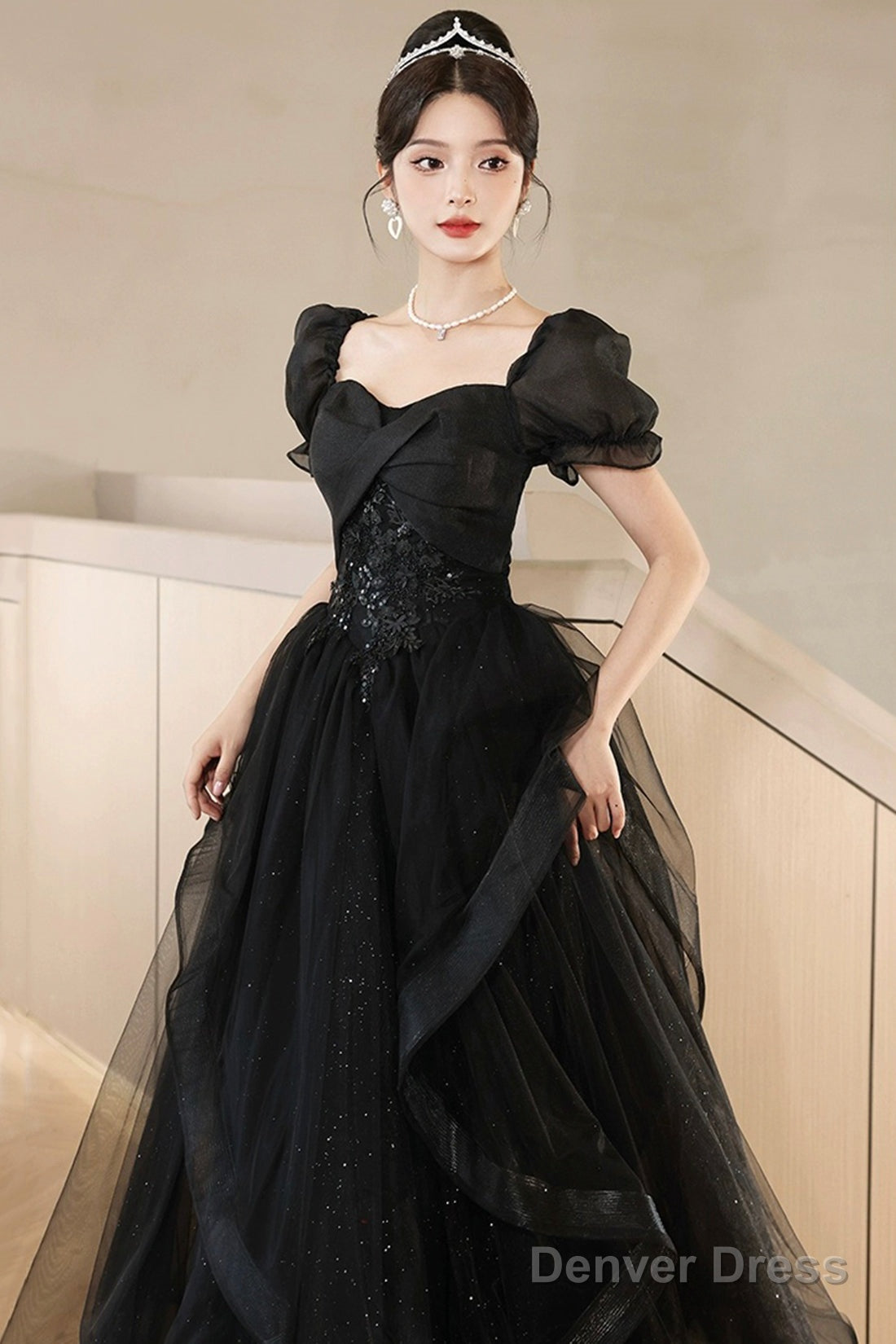 Black Tulle Lace Short Sleeve Floor Length Prom Dress, Black A-Line Evening Party Dress