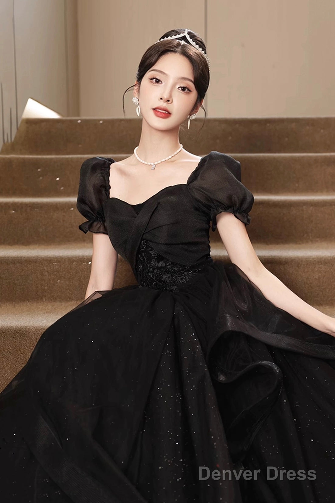 Black Tulle Lace Short Sleeve Floor Length Prom Dress, Black A-Line Evening Party Dress