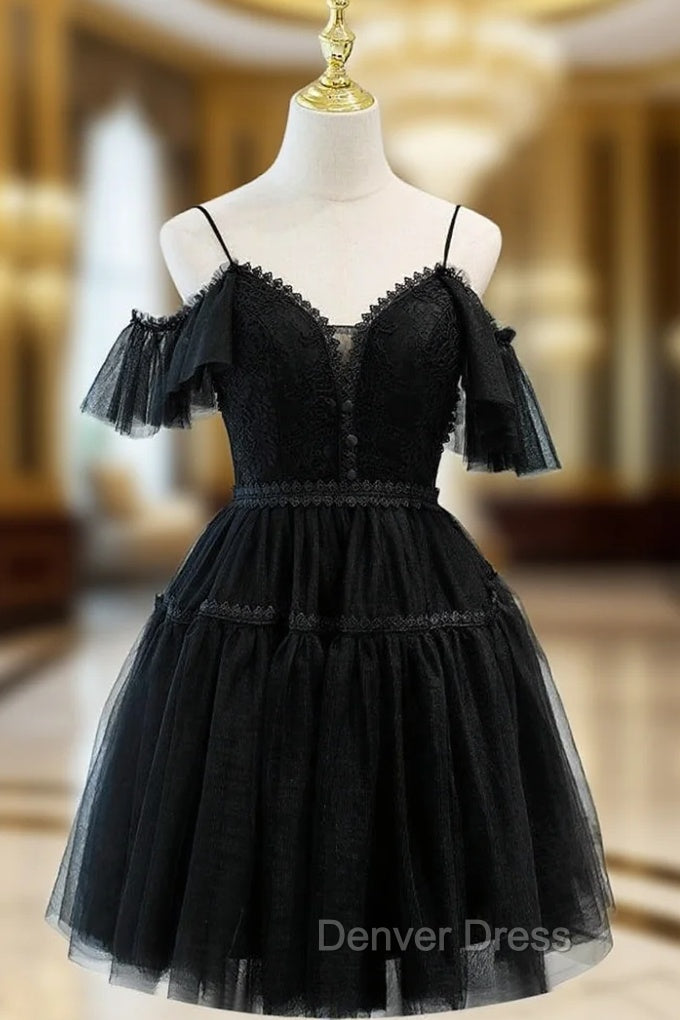 Black Tulle Lace Spaghetti Straps Button Homecoming Dresses