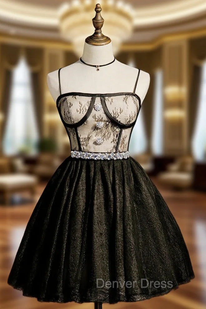 Black Tulle Lace Spaghetti Straps Crystal Homecoming Dresses Main image