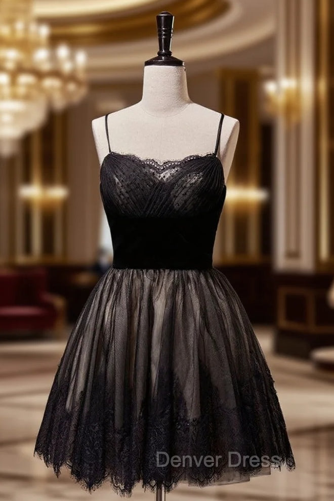 Black Tulle Lace Spaghetti Straps Homecoming Dresses Main image