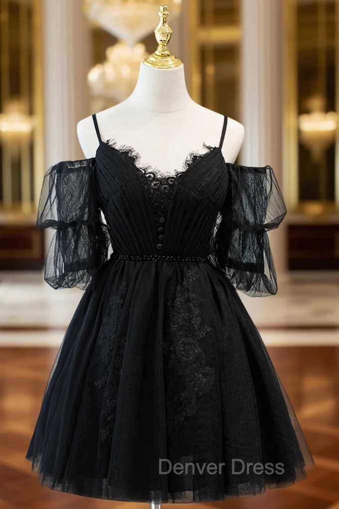 Black Tulle Lace Spaghetti Straps Pleats Homecoming Dresses Main image
