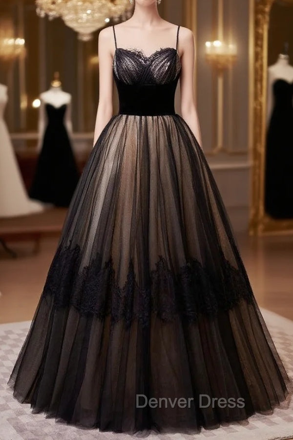 Black Tulle Lace Spaghetti Straps Prom Dresses Main image