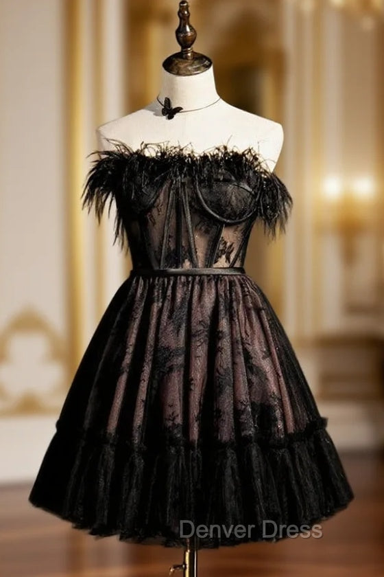 Black Tulle Lace Strapless Feather Homecoming Dresses Main image