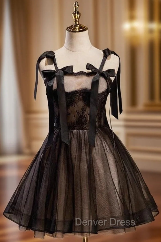 Black Tulle Lace Straps Homecoming Dresses
