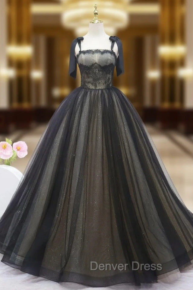 Black Tulle Lace Straps Prom Dresses