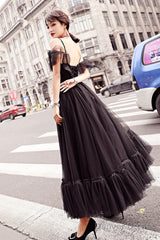 Black Tulle Lace Tea Length Prom Dress, Lace Tulle Evening Dress