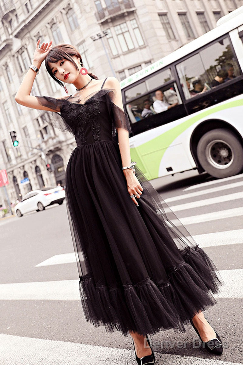 Black Tulle Lace Tea Length Prom Dress, Lace Tulle Evening Dress