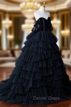 Black Tulle Layers Long Prom Dress, Black A Line Strapless Prom Dresses
