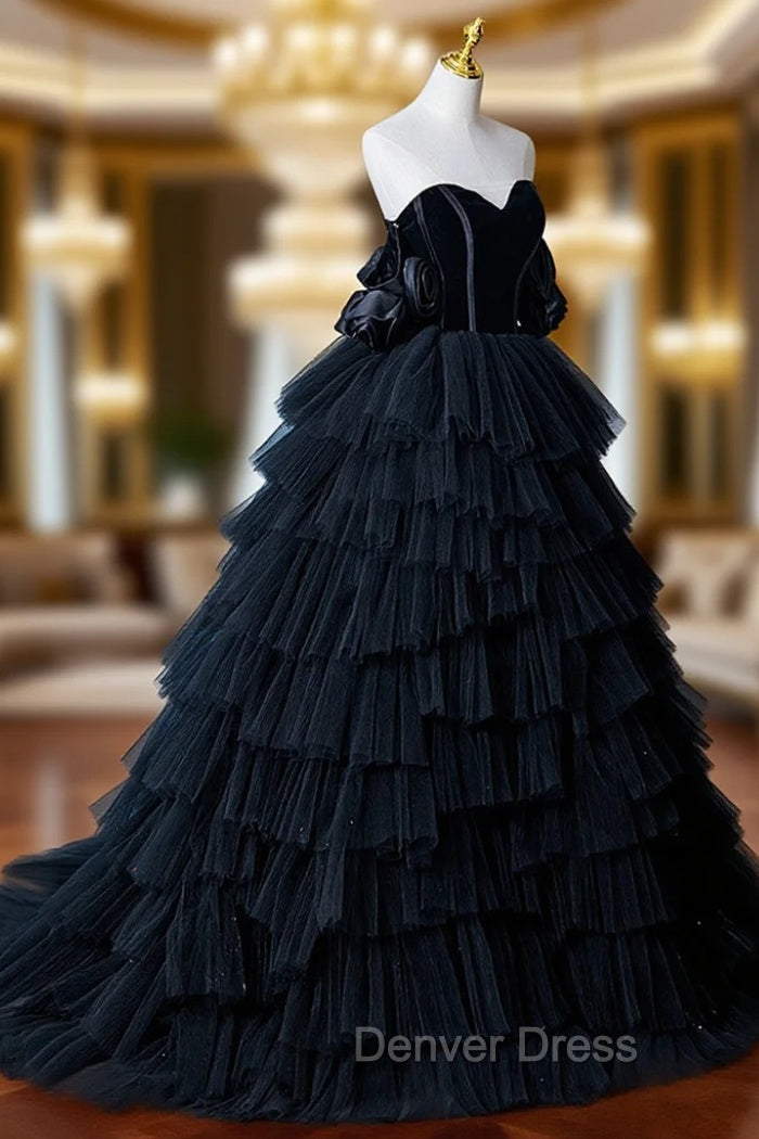 Black Tulle Layers Long Prom Dress, Black A Line Strapless Prom Dresses