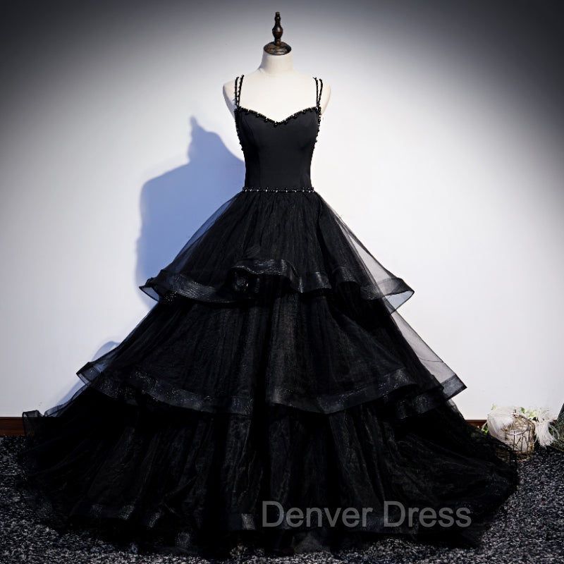 Black Tulle Layers Straps Beaded Long Prom Dress, Black Prom Dress