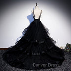Black Tulle Layers Straps Beaded Long Evening Dresses, Black Formal Dresses Prom Dresses