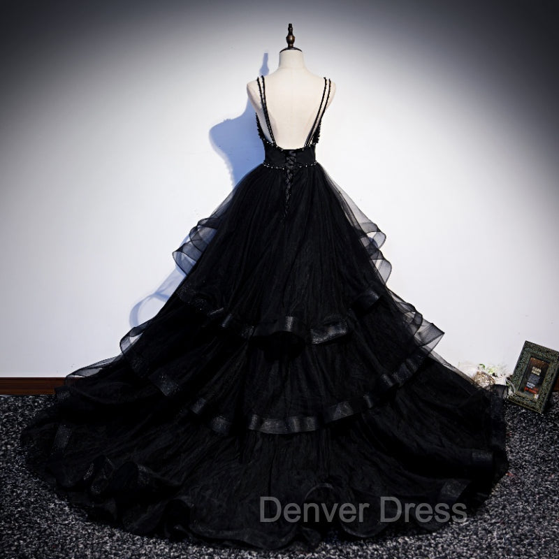 Black Tulle Layers Straps Beaded Long Evening Dresses, Black Formal Dresses Prom Dresses