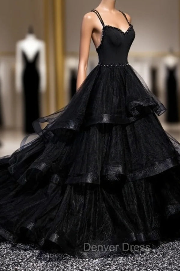 Black Tulle Layers Straps Beaded Long Prom Dress, Black Prom Dress