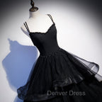 Black Tulle Layers Straps Beaded Long Evening Dresses, Black Formal Dresses Prom Dresses