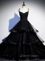 Black Tulle Layers Straps Beaded Long Evening Dresses, Black Formal Dresses Prom Dresses