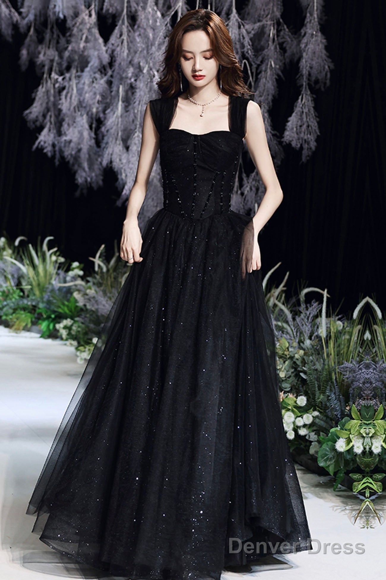 Black Tulle Long A-Line Evening Dress, Black Sweetheart Neck Prom Dress