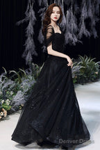Black Tulle Long A Line Prom Dress, Black Sweetheart Neck Prom Dresses