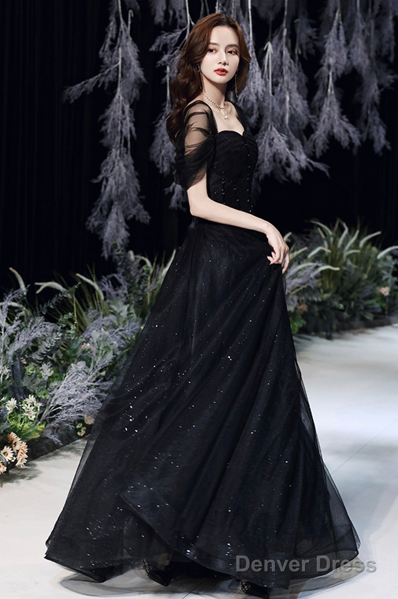 Black Tulle Long A Line Prom Dress, Black Sweetheart Neck Prom Dresses