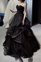 Black Tulle Long A Line Prom Dress,Ball Dresses with Ruffles