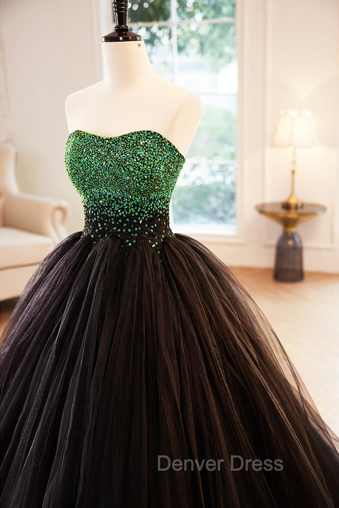 Black Tulle Long Formal Dresses with Green Beaded, Black Strapless Prom Dresses