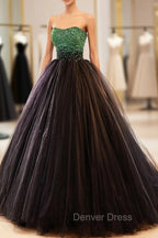 Black Tulle Long Formal Dresses with Green Beaded, Black Strapless Prom Dresses