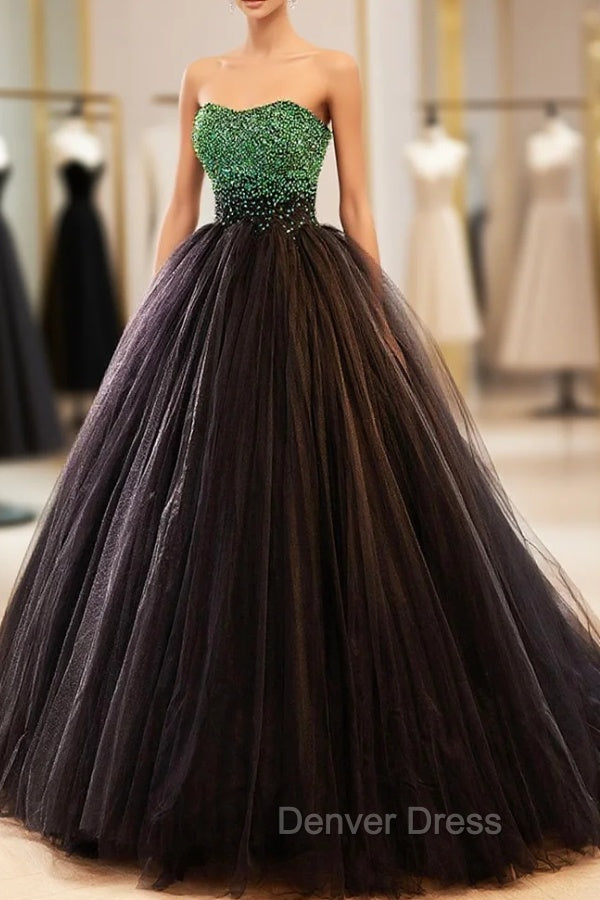 Black Tulle Long Formal Dresses with Green Beaded, Black Strapless Prom Dresses